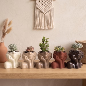 Quirky Desk Planter | Small Concrete Face Pot | Unique Plant Lover Gift | Cute Succulent Head Planter | Boho Eclectic Room Decor