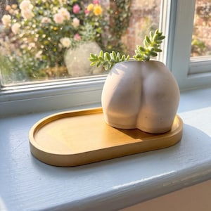 May include: A light-colored, matte-finish planter shaped like human buttocks, containing a small green succulent plant. The planter sits on a smooth, oval-shaped gold tray with a raised edge, creating a decorative display piece.