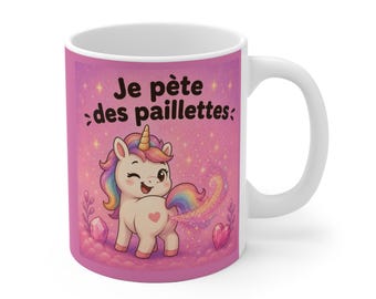 Tazza unicorno glitterata con scoreggia | Unicorno arcobaleno carino francese, design scintillante