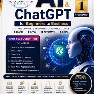 May include: A digital ebook cover titled AI & ChatGPT for Beginners to Business, Part 1 of 8. It features a robotic head, the ChatGPT logo, and a list of 7 chapters covering AI foundations. The design includes gold accents, text about bonus templates, and a summary of the complete 8-part series by Pixel by Khalid.