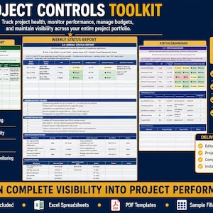 May include: A Project Controls Toolkit digital product display featuring a Monthly Status Report, Weekly Status Report, and Status Dashboard. The layout includes text detailing 27 files, including Excel spreadsheets, PDF forms, and sample workbooks.