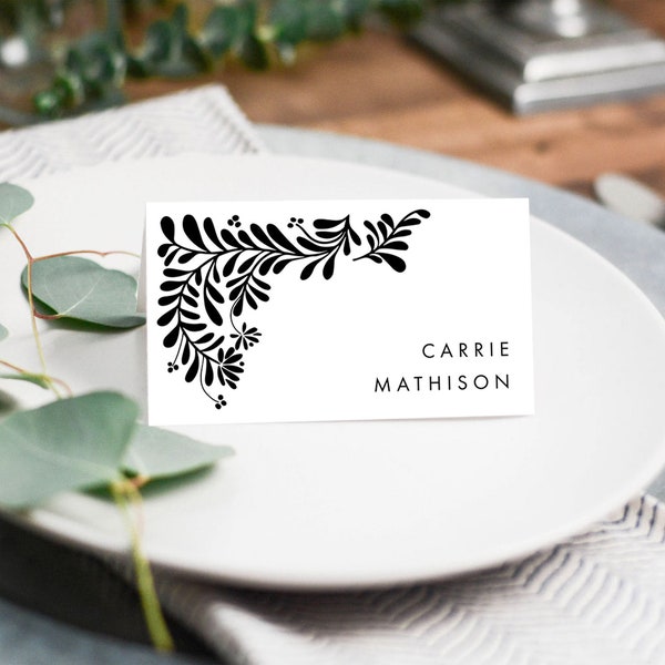 Black and White Garden | Minimal Wedding PLACE CARDS TEMPLATE, Goth Floral Elegant Wedding, table seating wedding, Editable Template #000