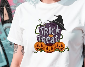 Camiseta de Halloween para jóvenes con diseño de calabaza y sombrero de bruja para pedir dulces.