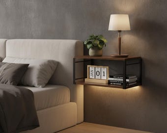 Floating Nightstand Wall Shelf Vintage Brown Wood Bedside Table 2 Tier Storage Rack for Bedroom Living Room Bathroom