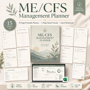 Könnte beinhalten: Ein digitaler ME/CFS-Management-Planer mit einem 15-seitigen druckbaren Planer, einem 1-seitigen Schnell-Tracker und einer Excel-Arbeitsmappe. Das Cover zeigt eine Berglandschaft mit grünen Blättern und den Text ME/CFS Management Planner.