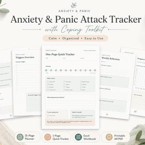 May include: A printable Anxiety & Panic Attack Tracker with Coping Toolkit featuring five white pages with black text. Sections include Coping Toolkit, Triggers Overview, One-Page Quick Tracker, Weekly Reflection, and Progress Overview.