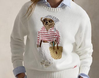 Ralph Lauren White Polo Bear Knit Sweater | Vintage RL Jumper | Old Money Style