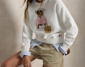 Suéter Ralph Lauren Polo Bear de malha branca | Suéter RL vintage | Estilo clássico