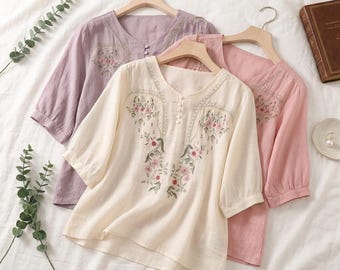 Blusa de algodón para mujer / Camisa de lino bordada para mujer / Blusa de lino Canadá / Ropa de algodón orgánico / Túnica bohemia informal / Regalos para ella