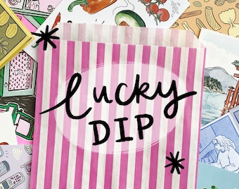 Lucky Dip Bag | Mystery Pack of Art Prints, Zines, Stationery, Postcards, Stickers | Illustration Gift Bundle