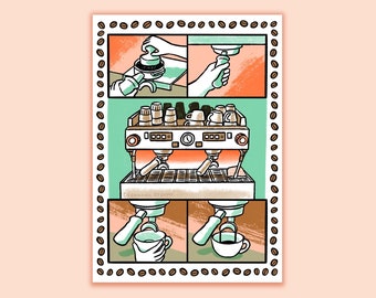 Coffee Machine - Risograph Print - Barista Illustration Art Print