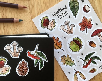 Woodland Sticker Set | Cozy Autumn Fall Sticker Sheet | Nature Mushrooms Foraging | 14 Vinyl Waterproof Stickers