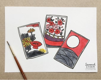 Original Painting - Hanafuda Cards - Drawing Japan 100 Day Project Illustration Artwork