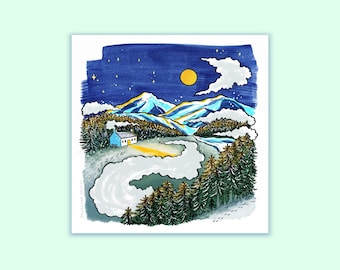 Skye Cottage Art Print |  Scottish Mountains & Forest Illustration | 21cm Square Print