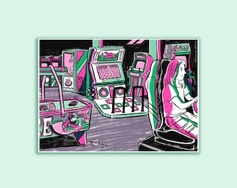 Arcades - Risograph Print - Retro Gamer Illustration Art Print