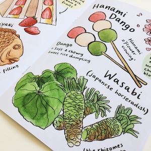 A printed zine open on a page showing Japanese foods such as Taiyaki, strawberry sandwich, hanami dango, and wasabi.