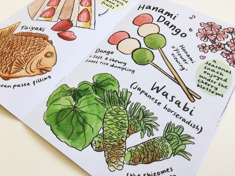 A printed zine open on a page showing Japanese foods such as Taiyaki, strawberry sandwich, hanami dango, and wasabi.
