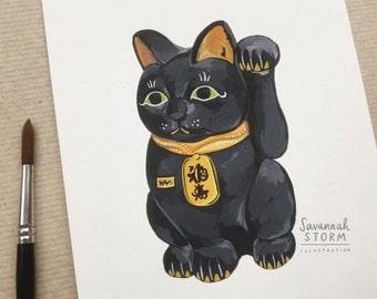 Original Painting - Black Lucky Cat - Drawing Japan 100 Day Project Illustration Artwork