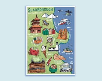 Scarborough Map Art Print | Digital Illustration North Yorkshire Travel Souvenir Poster