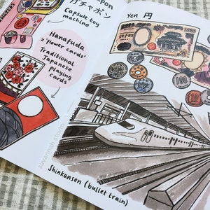 A printed zine open on a page showing Japanese items such as a gachapon machine, hanafuda cards, yen coins and notes, and a shinkansen bullet train.