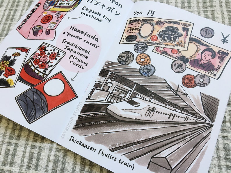 A printed zine open on a page showing Japanese items such as a gachapon machine, hanafuda cards, yen coins and notes, and a shinkansen bullet train.