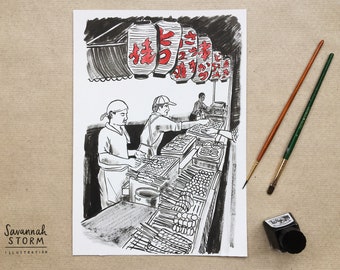 Original Painting - Japanese Street Food Stall - Drawing Japan 100 Day Project Illustration Artwork