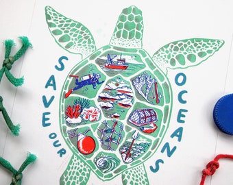 Save Our Oceans - Risograph Print - Turtle Illustration Art Print