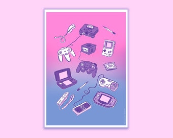 Retro Games - Risograph Print - Arcade 90s Gamer Illustration Art Print