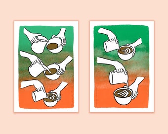 Latte Art Risograph Prints Set of 2 | A5 sized | Coffee Barista Illustration Art Print