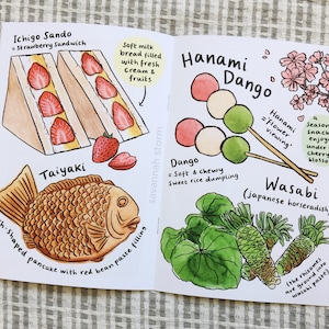 A printed zine open on a page showing Japanese foods such as Taiyaki, strawberry sandwich, hanami dango, and wasabi.