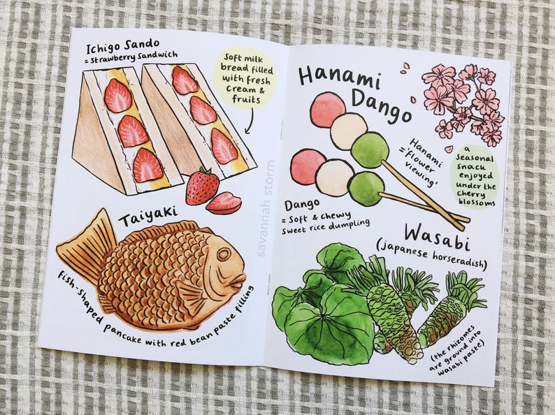 A printed zine open on a page showing Japanese foods such as Taiyaki, strawberry sandwich, hanami dango, and wasabi.