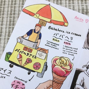 A zine open on a page showing a Japanese ice cream stall, called 'Babahera Ice'.