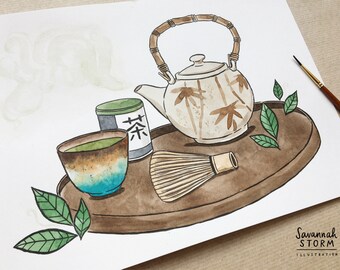 Original Painting - Matcha Green Tea - Drawing Japan 100 Day Project Illustration Artwork