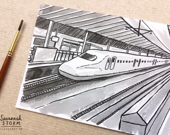 Original Postcard Painting - Bullet Train - Drawing Japan 100 Day Project Illustration Artwork