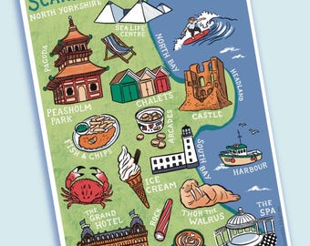 Scarborough Map Art Print | Digital Illustration North Yorkshire Travel Souvenir Poster