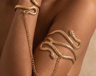 Armband met slangenmotief en ketting voor de bovenarm, gotische armband met handketting, opvallende slangenketting, mythologisch cadeau voor haar.