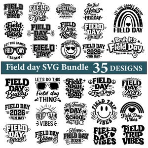 Può includere: Una collezione digitale di 35 disegni grafici in bianco e nero con il testo Field Day, Field Day 2026, Field Day Vibes e Field Trip Vibes. I disegni includono icone come arcobaleni, occhiali da sole, faccine sorridenti e cuori.