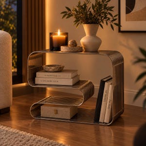 May include: A metallic S-shaped side table with wire-frame construction. The top surface holds a lit candle in a dark glass, a stone bowl, and a vase with greenery. The middle shelf holds two books titled The Kinfolk Home and A Life More Calm. The bottom shelf holds a rectangular box and two books titled At Home and The Daily.