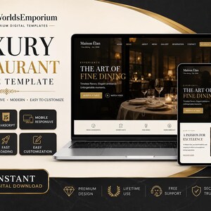 Könnte beinhalten: Eine digitale Website-Vorlage für ein Luxusrestaurant namens Maison Elan, dargestellt auf einem Laptop, Tablet und Smartphone. Das Design besticht durch eine dunkle und cremefarbene Palette mit goldenen Akzenten und zeigt Text wie The Art of Fine Dining.