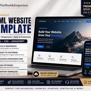 May include: A digital product display featuring a laptop and smartphone showing a website template with mountain imagery. Text includes Premium HTML Website Template, Build Your Website, Grow Your Business, and lists features like Fully Responsive.