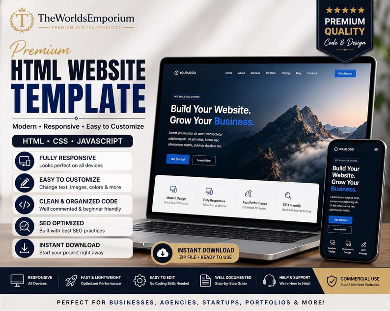 May include: A digital product display featuring a laptop and smartphone showing a website template with mountain imagery. Text includes Premium HTML Website Template, Build Your Website, Grow Your Business, and lists features like Fully Responsive.