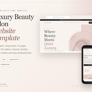 May include: A digital website template for a beauty salon featuring a desktop browser view and a mobile phone view. The design uses a soft beige color palette with dark text. The main heading reads Where Beauty Meets Quiet Luxury.