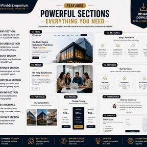 May include: A digital product display featuring a website template with sections labeled Hero, Features, About, Services, Portfolio, Pricing, Testimonials, and Contact. The layout includes text, icons, and mock-up images of business professionals.