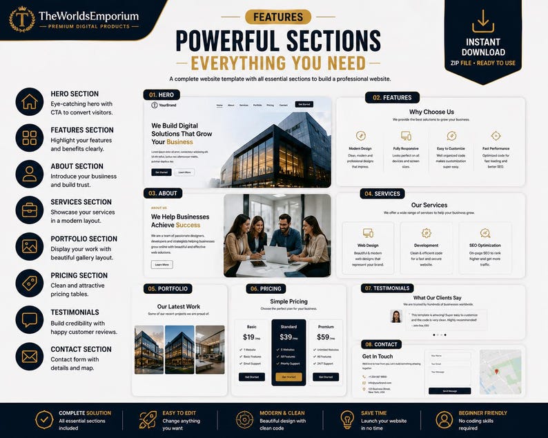 May include: A digital product display featuring a website template with sections labeled Hero, Features, About, Services, Portfolio, Pricing, Testimonials, and Contact. The layout includes text, icons, and mock-up images of business professionals.