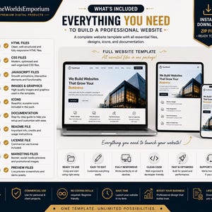 May include: A digital product bundle for building a professional website, featuring a laptop, tablet, and smartphone displaying a website template. The graphic includes a list of included files like HTML, CSS, and JavaScript, plus icons and text.