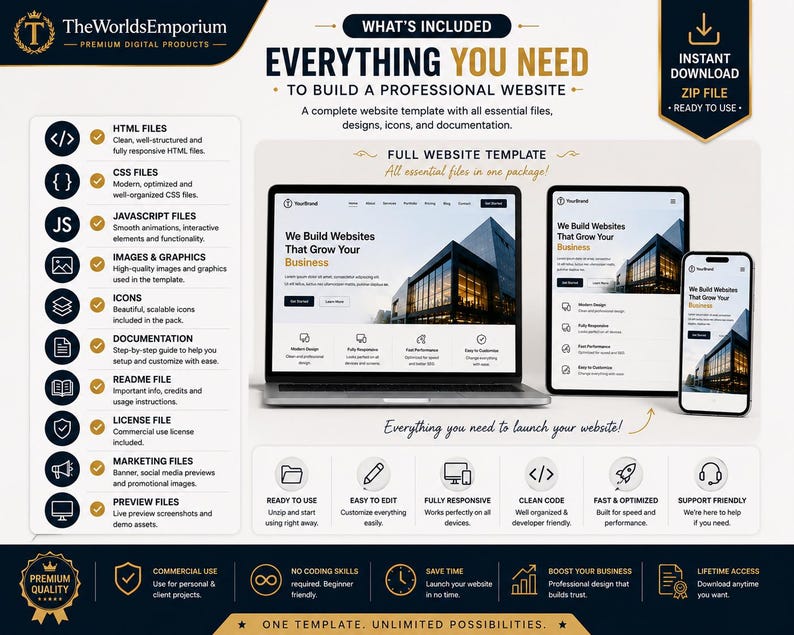 May include: A digital product bundle for building a professional website, featuring a laptop, tablet, and smartphone displaying a website template. The graphic includes a list of included files like HTML, CSS, and JavaScript, plus icons and text.