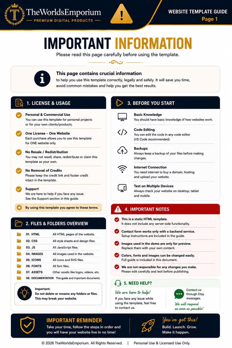 May include: A digital website template guide titled TheWorldEmporium Premium Digital Products Page 1. The document outlines license and usage terms, file folder structures, technical requirements, important notes, and support contact information.