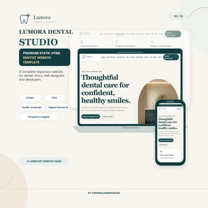 May include: A Lumora Dental Studio website template displayed on a laptop and smartphone screen. The interface features dark green text on a cream background with the headline, Thoughtful dental care for confident, healthy smiles. Includes HTML5, CSS3, and Vanilla JavaScript labels.