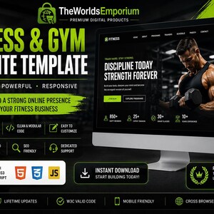 Puede incluir: Una plantilla de sitio web de fitness y gimnasio mostrada en un monitor de computadora y una pantalla de teléfono inteligente. El diseño presenta acentos negros y verde lima con texto que incluye Fitness & Gym Website Template, Discipline Today Strength Forever.