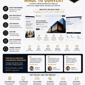 May include: A digital marketing flyer for a website template titled TheWorldsEmporium. It features text including Built to Impress Made to Convert, lists of features like Boost Your Business, and displays three customer testimonials with five-star ratings.